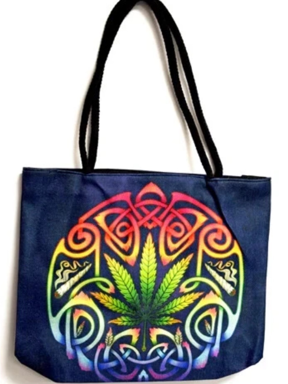 Dark Blue Tote Bag with Rainbow Leaf Print